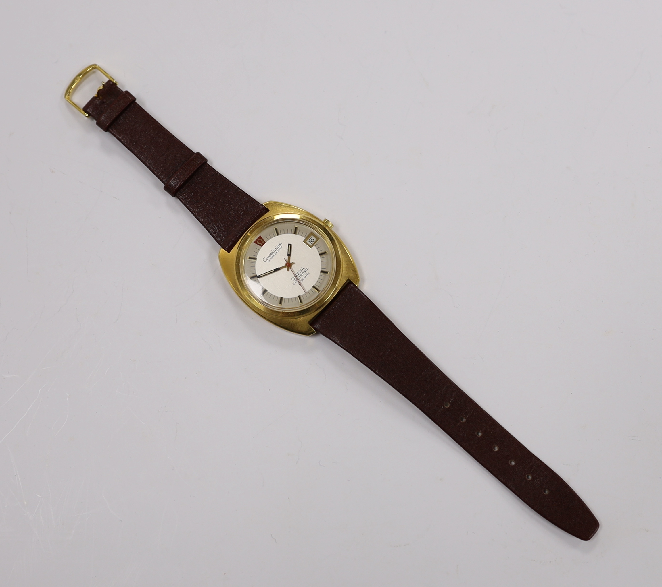 A gentleman's steel and gold plated Omega Constellation Electronic wrist watch, on associated strap, case diameter 38mm.